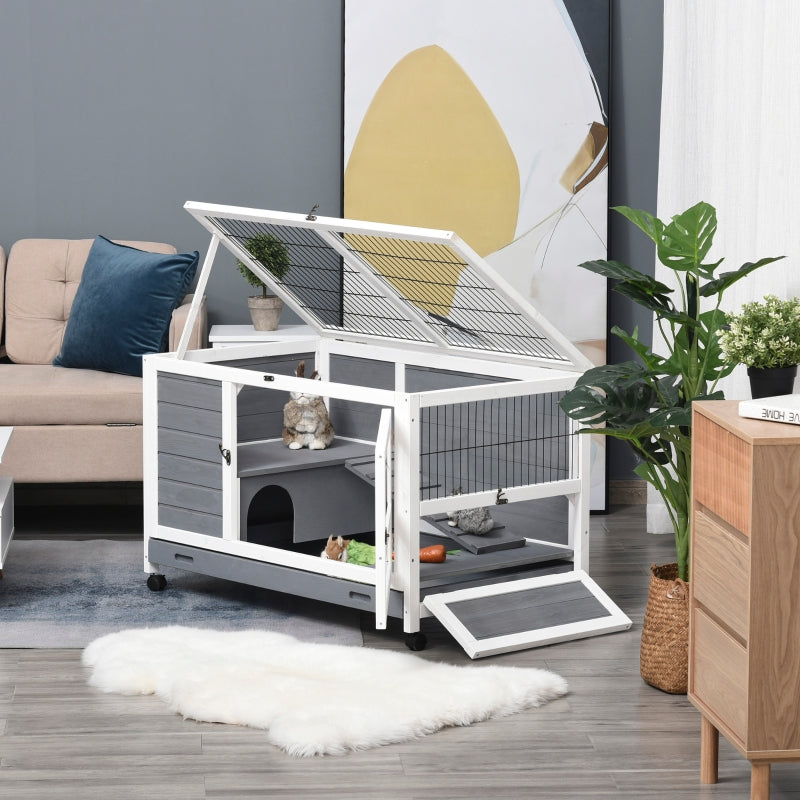 Grey Wooden Indoor Rabbit Hutch with Wheels - 102 x 60 x 63.5cm