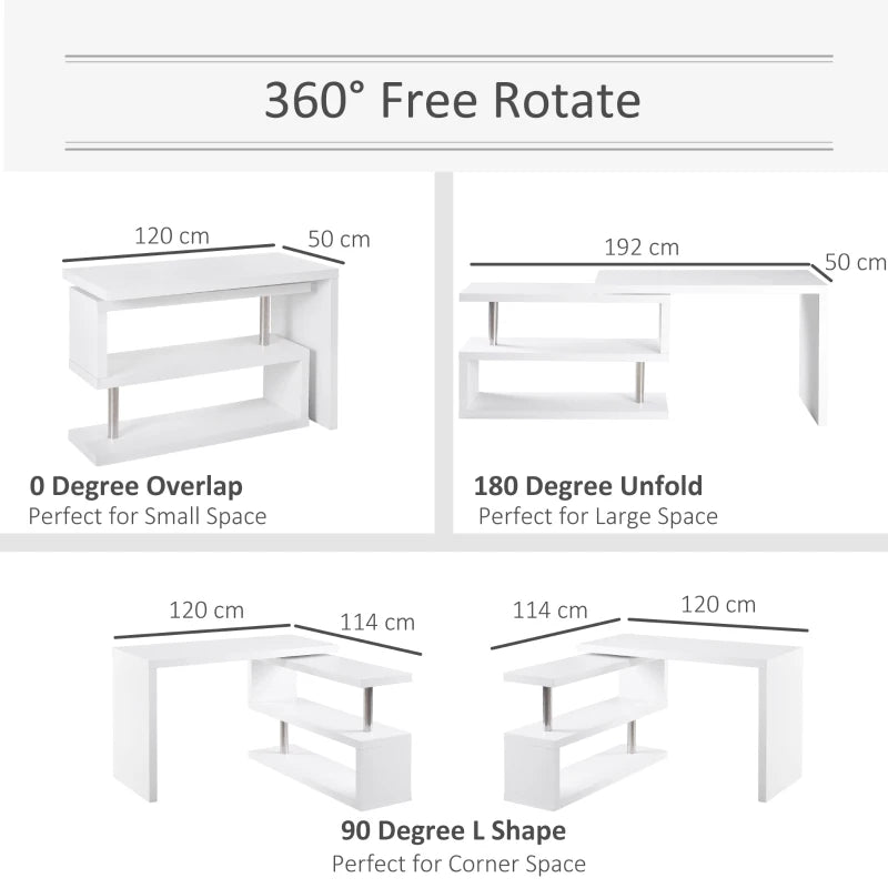 White L-Shaped Rotating Corner Desk with Storage Shelf