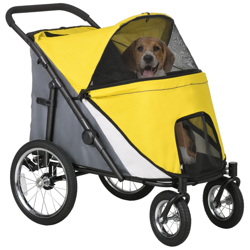 Yellow Foldable Pet Stroller with Washable Cushion & Storage Bags