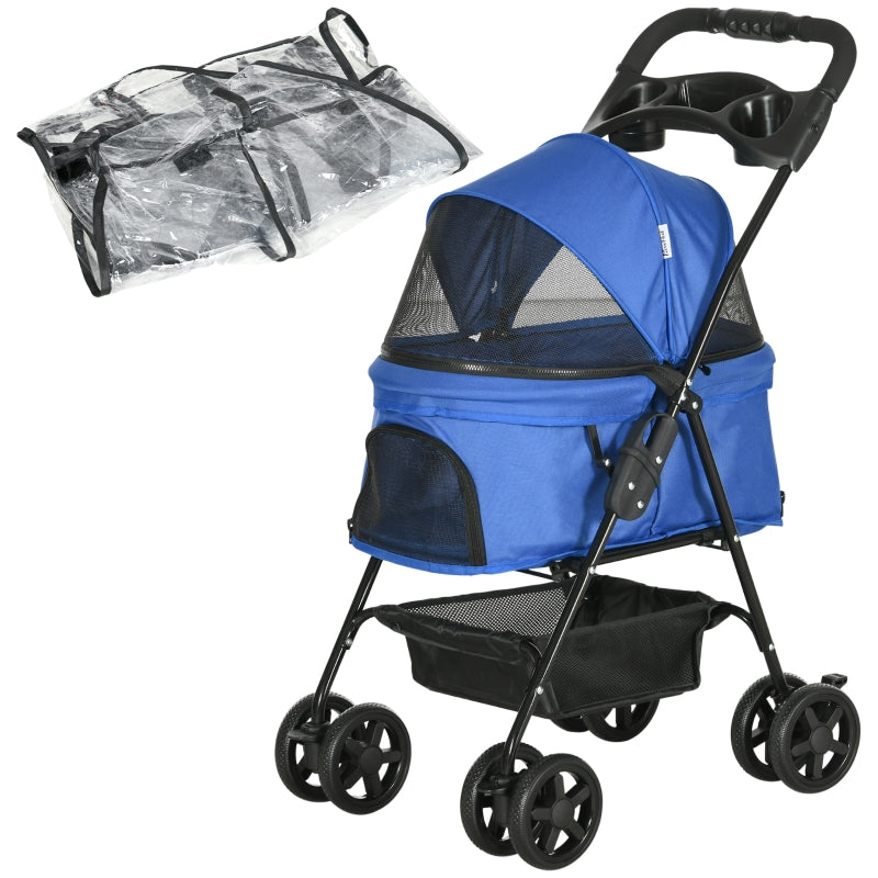 Blue Dog Stroller with Rain Cover and Safety Features