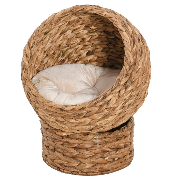 Brown Wicker Cat Bed with Raised Rattan Basket & Washable Cushion - 50 x 42 x 60 cm