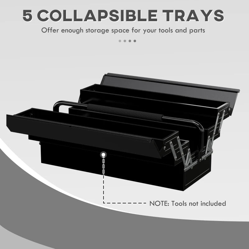 Black 3 Tier Metal Toolbox with Carry Handle, 5 Tray Portable Tool Box - 56cmx20cmx34cm