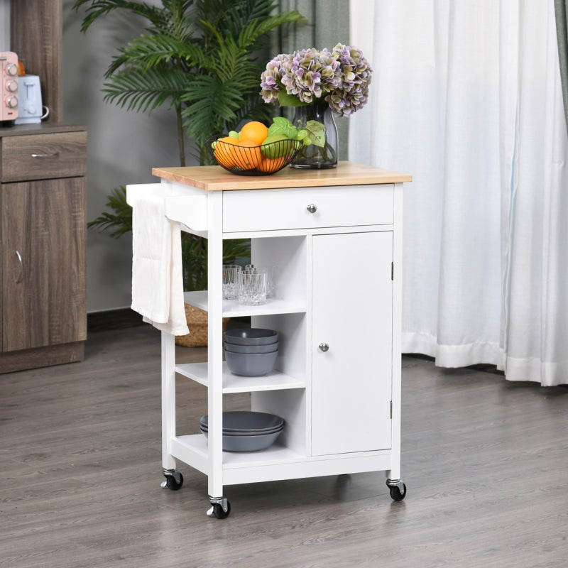 White Kitchen Trolley with Wood Top, 3 Shelves, and Storage Cupboard