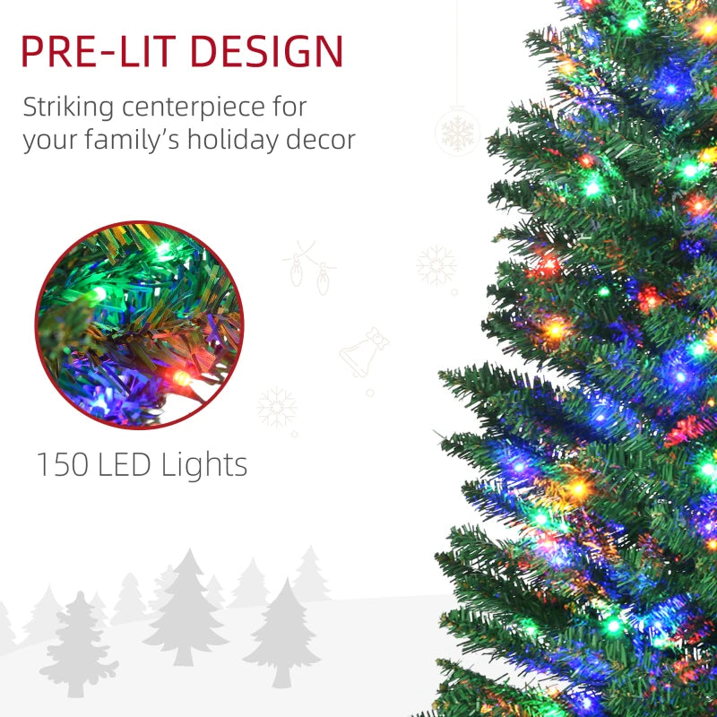 6ft Pre-lit Christmas Tree with Colourful LED Lights, Pencil Shape, Steel Base - Green