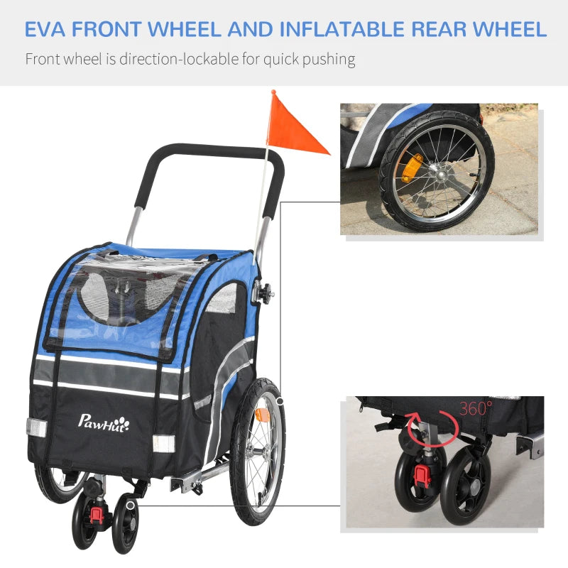 Blue Dog Bike Trailer Pet Cart Carrier Stroller with 360° Rotatable Wheel