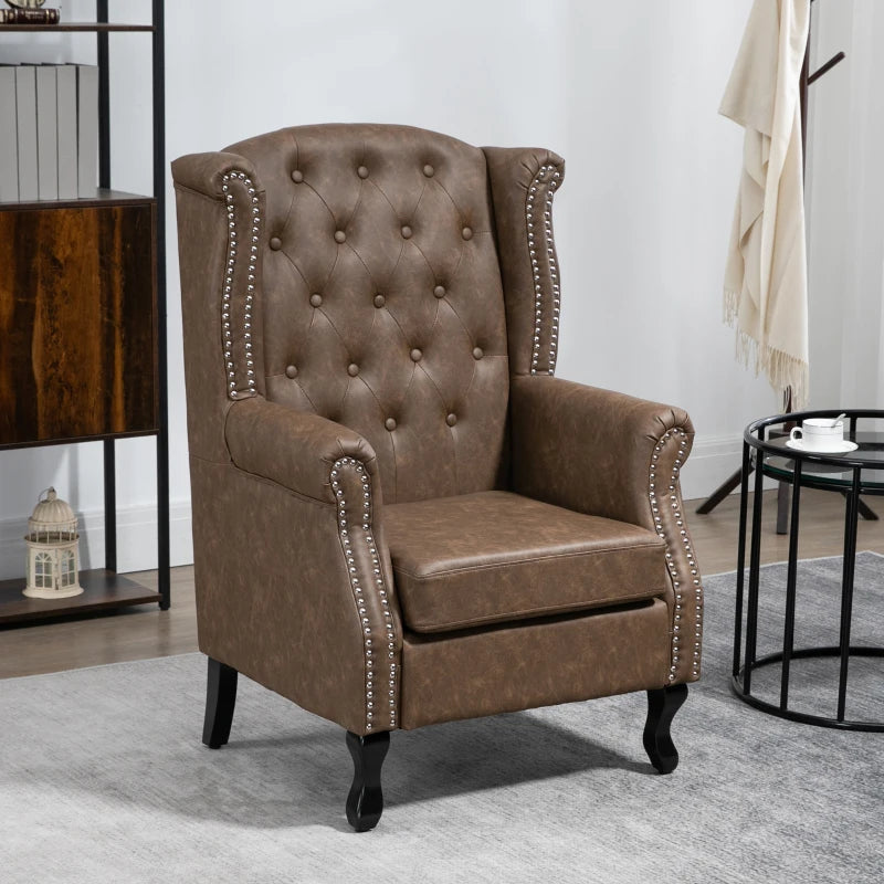 Brown Wingback Tufted Armchair with Nail Head Trim