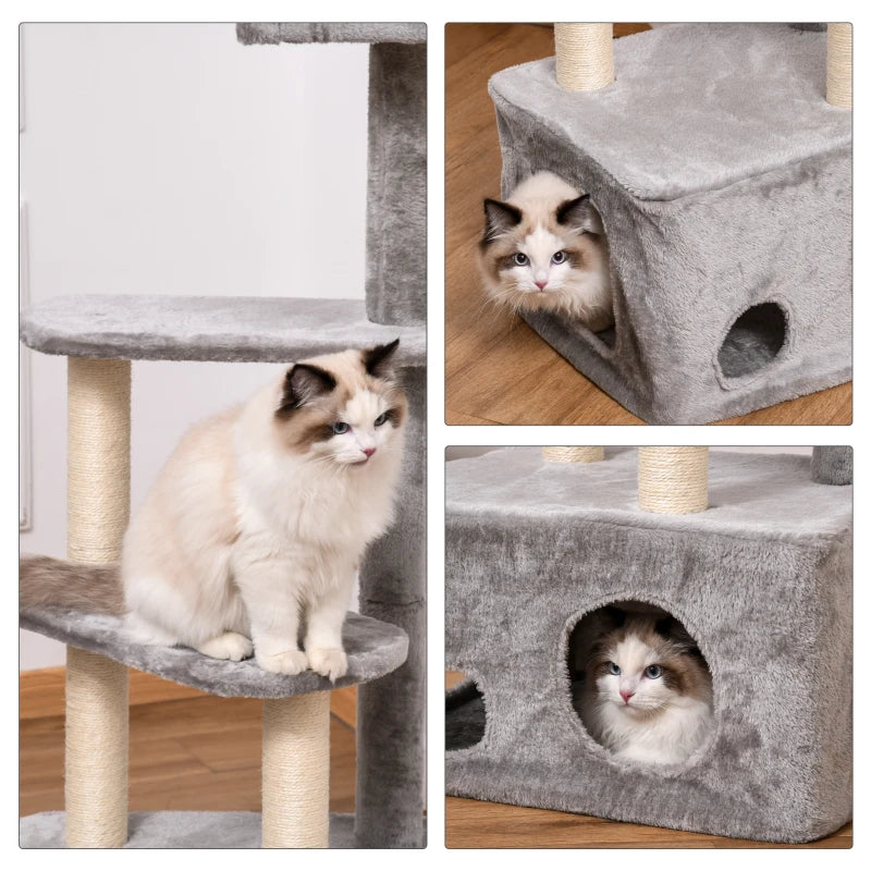 Grey 4-Level Cat Tree Tower with Scratching Post and Perches