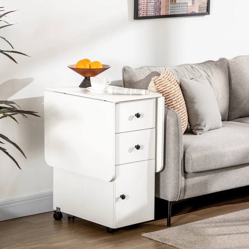 White Folding Dining Table with Storage Drawers and Wheels