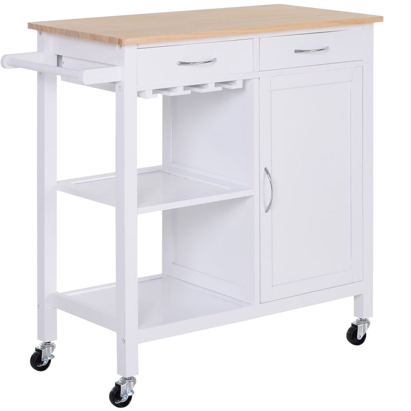 White Kitchen Storage Trolley Cart with Drawers and Wine Glass Rack