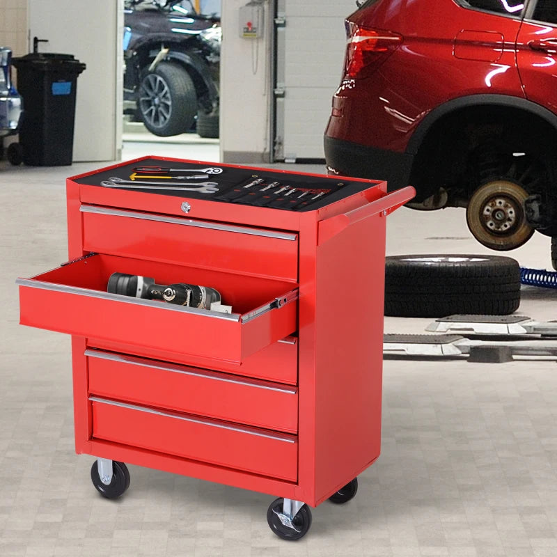 Red 5-Drawer Tool Cabinet Storage Box with Wheels and Handle