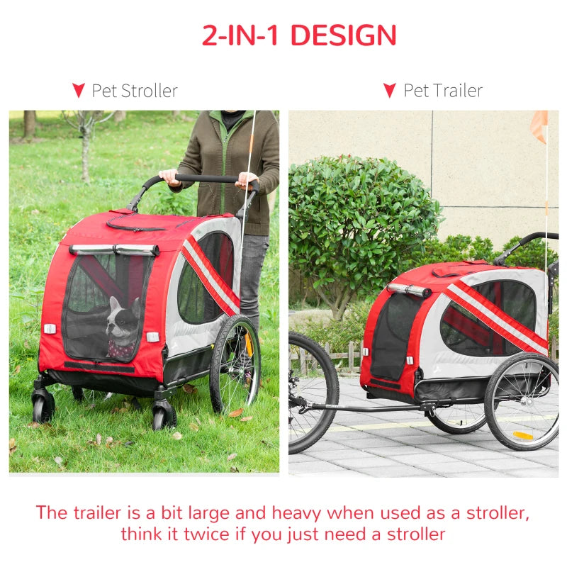 Red 2-In-1 Dog Bike Trailer Pet Stroller with Reflective Flag