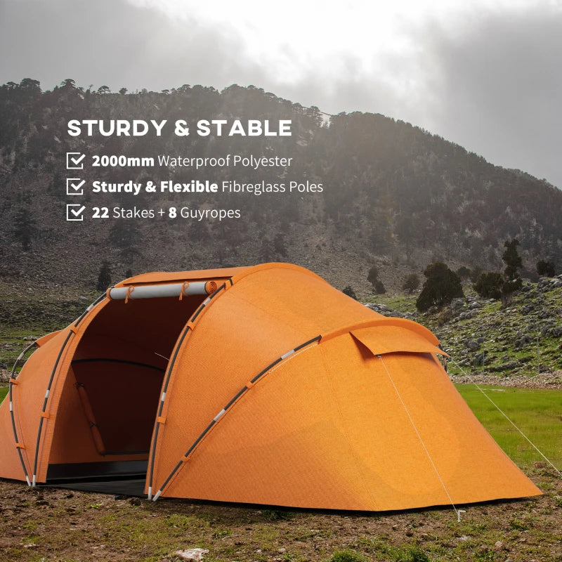 6-Person Orange Camping Tunnel Tent with Two Bedrooms and UV Protection