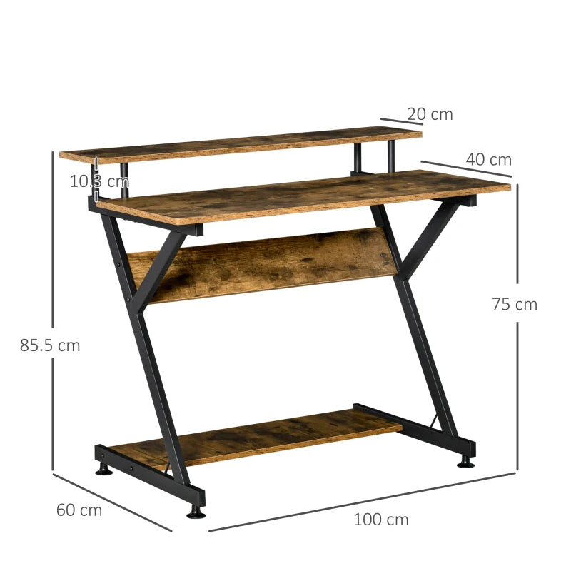 Rustic Brown Compact Computer Desk with Storage & Monitor Stand