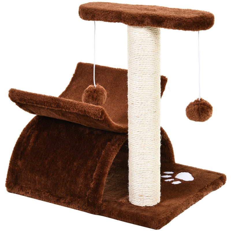 Brown Cat Tree with Rotating Top Bar, Scratching Post, Tunnel & Balls