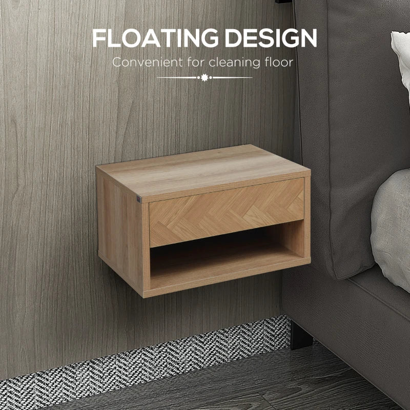 Natural Wall Mounted Bedside Table with Drawer and Shelf, 37 x 32 x 21cm