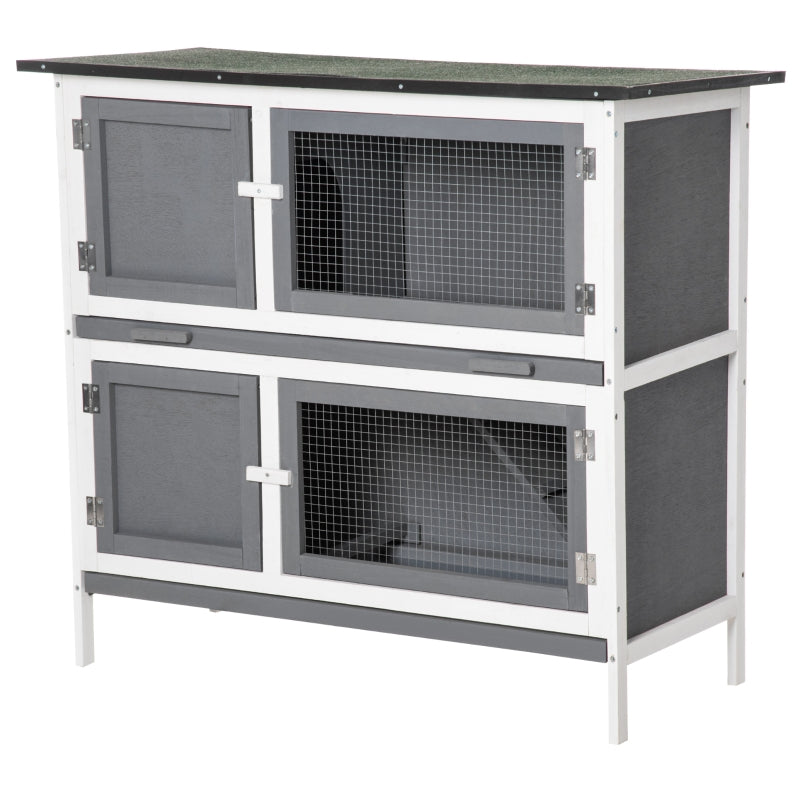 Grey 2 Tier Rabbit Hutch with Sliding Tray & Ramp, 100x47x91cm