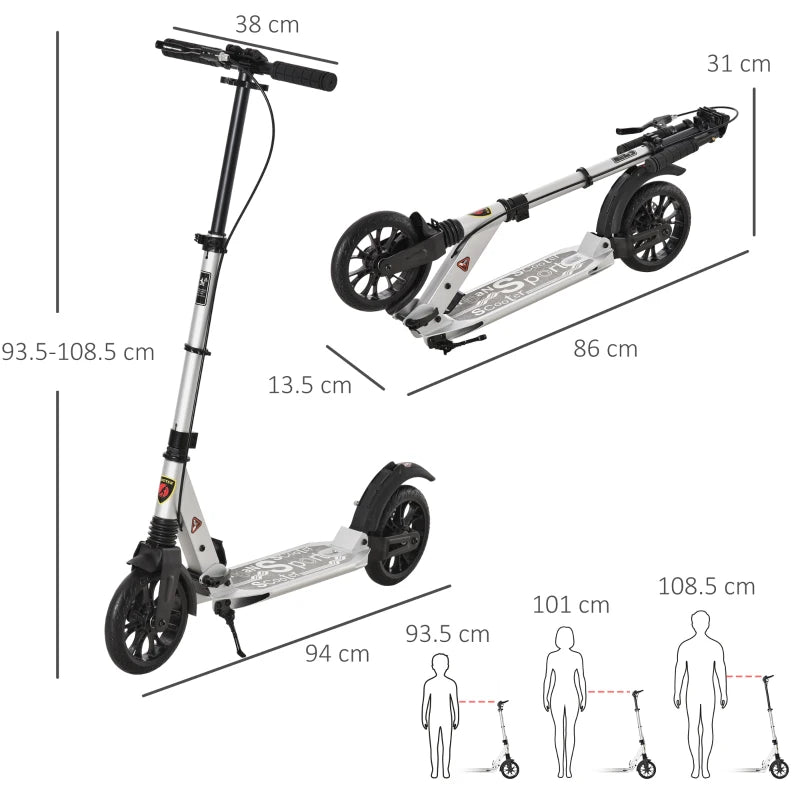 Silver Folding Kick Scooter with Shock Absorption for Teens and Adults