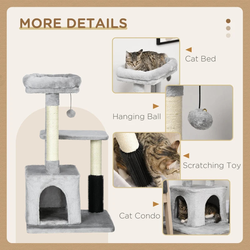 Grey Cat Climbing Tower with Scratching Post & Toys - 48x48x85cm