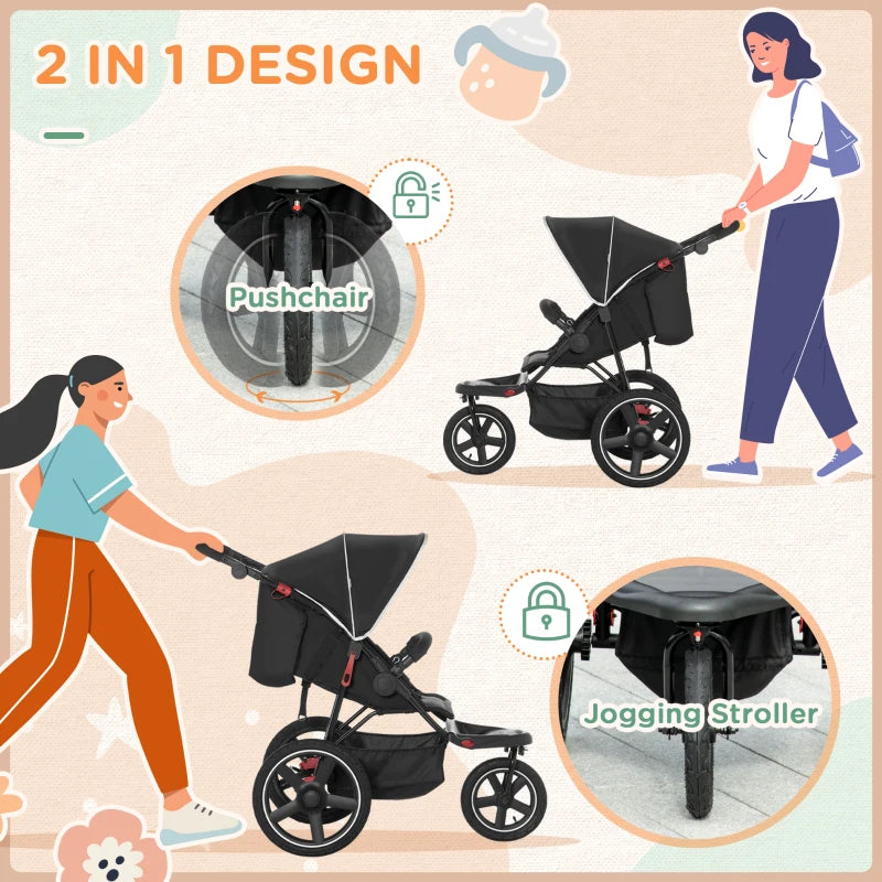 Black Foldable 3-Wheel Baby Stroller with Canopy & Storage Basket