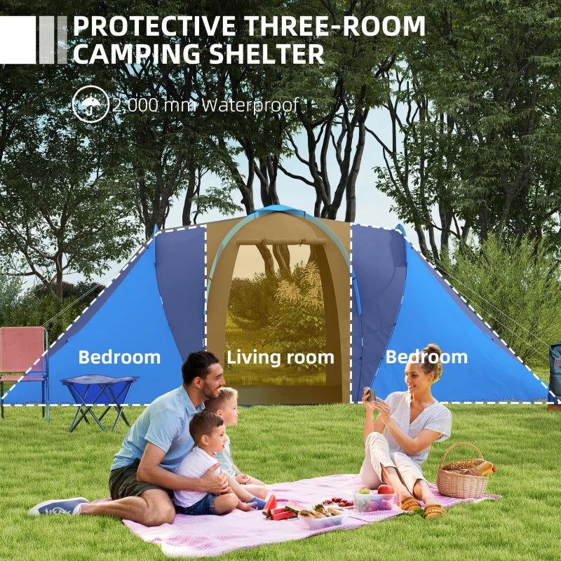 Blue 2-Bedroom Camping Tunnel Tent, 2000mm Waterproof, Portable for 4-6 People