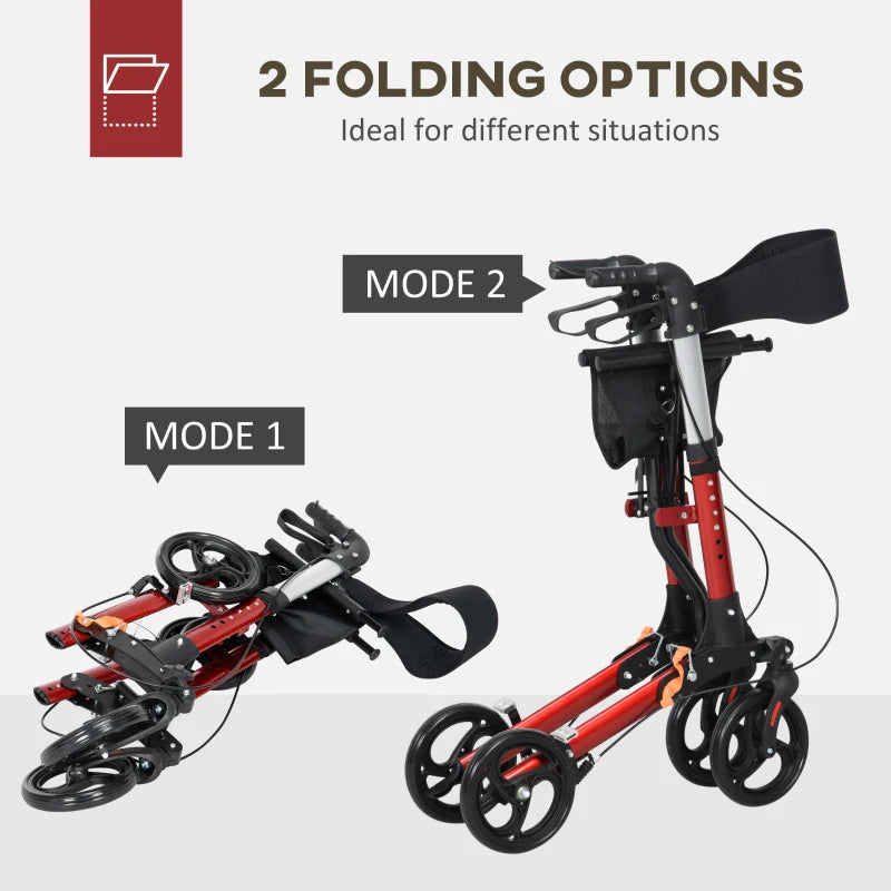 Red Folding Rollator Walker with Seat and Storage Bag