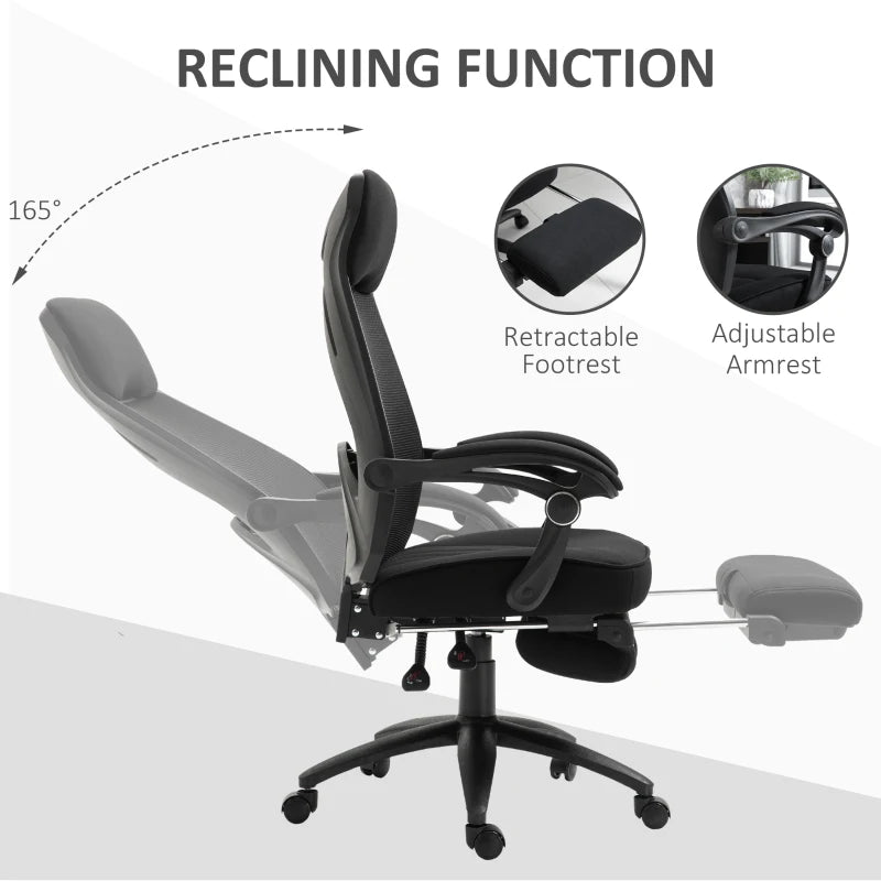 Black Mesh Office Chair with Footrest - High Back Recliner