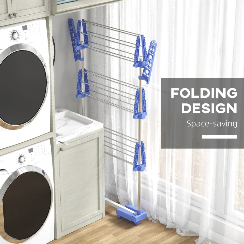 Blue Folding Clothes Drying Rack with Side Arms and Wheels