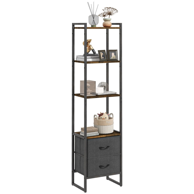 Black Four-Tier Industrial Display Shelf with Drawers