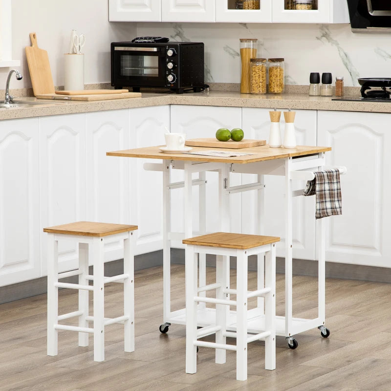White Bamboo Kitchen Island Set with 2 Stools and Drop Leaf Top