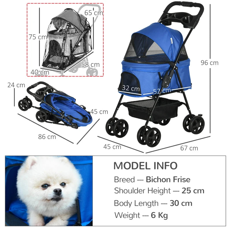 Blue Dog Stroller with Rain Cover and Safety Features