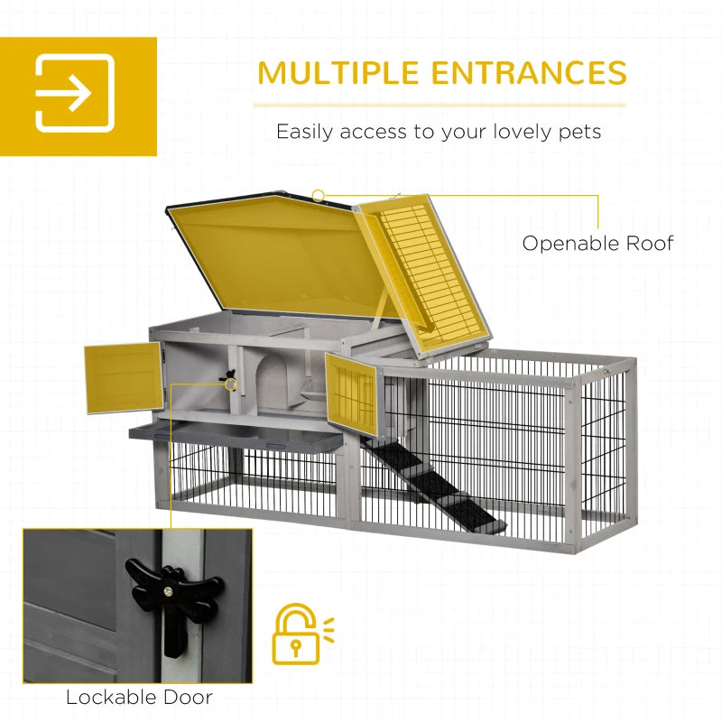 Grey Outdoor Rabbit Hutch with Run, 2-Level Design, Water-Resistant, 150 x 52.5 x 68 cm