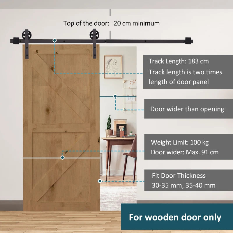 6ft Black Sliding Barn Door Kit for Single Wooden Door