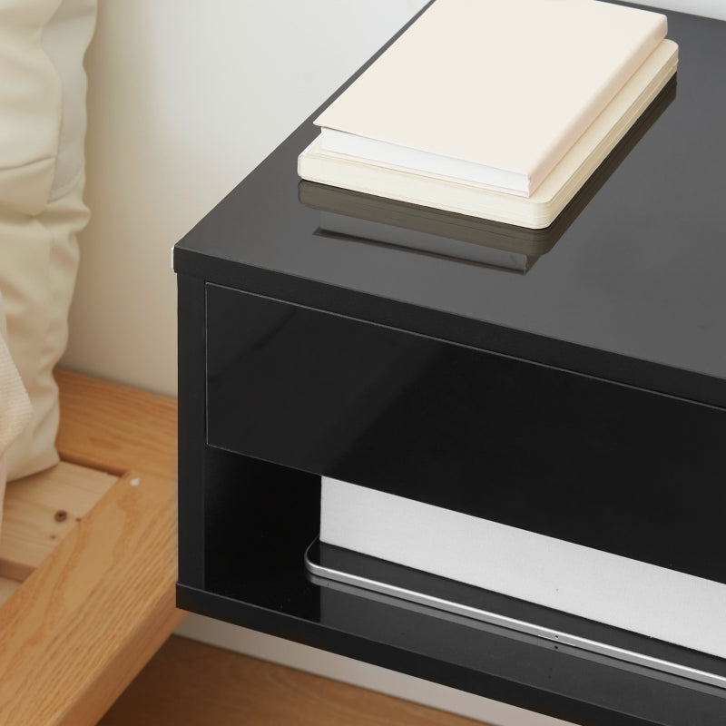 Black Wall Mounted Bedside Table with Drawer and Shelf, 37 x 32 x 21cm