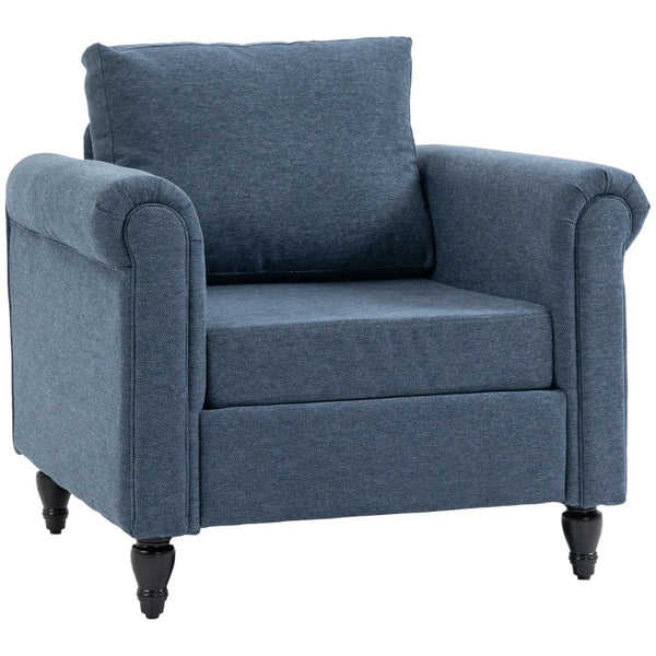 Dark Blue Upholstered Accent Chair with Rolled Arms and Back Pillow