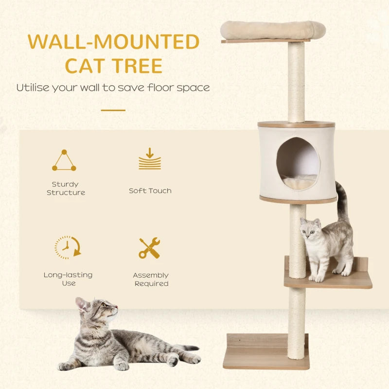 Beige Wall-Mounted Cat Tree with House, Bed, Scratching Post