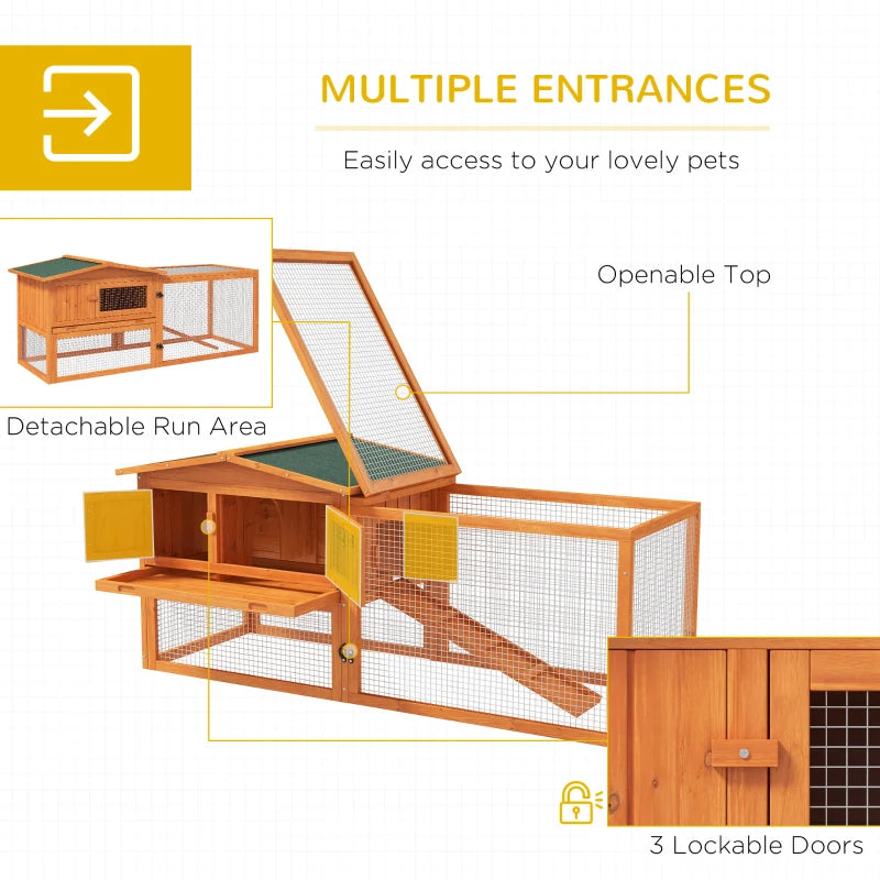 Orange Wooden Rabbit Hutch with Run and Accessories, 156 x 58 x 68cm