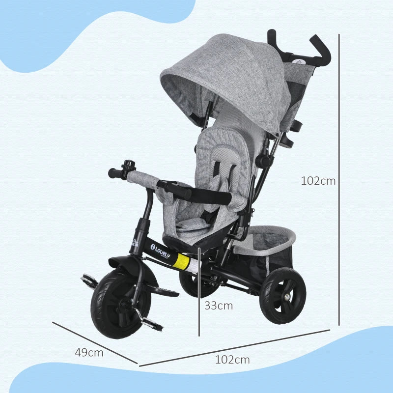 Grey 6-in-1 Kids Trike with Push Handle, Canopy, Safety Belt, Storage & Brake