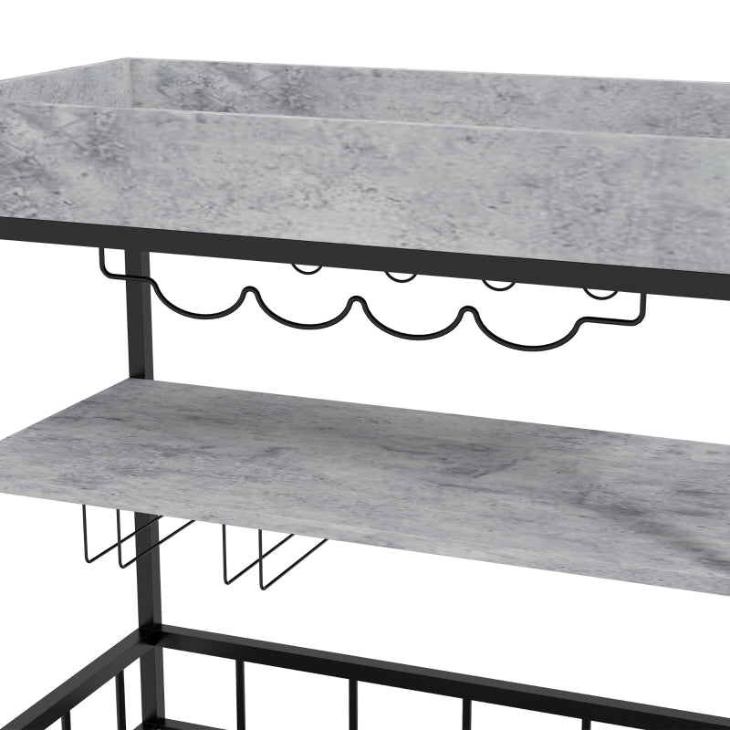 3-Tier Grey Kitchen Cart with Storage Shelves, Wine Racks, and Glass Holders