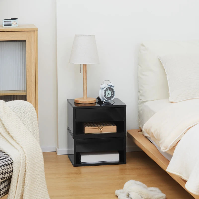 Black Wall Mounted Bedside Table with Drawer and Shelf, 37 x 32 x 21cm