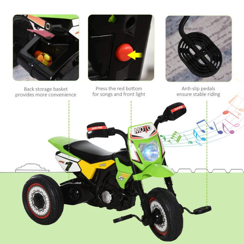 Green Toddler Pedal Motorcycle Tricycle with Music & Lights