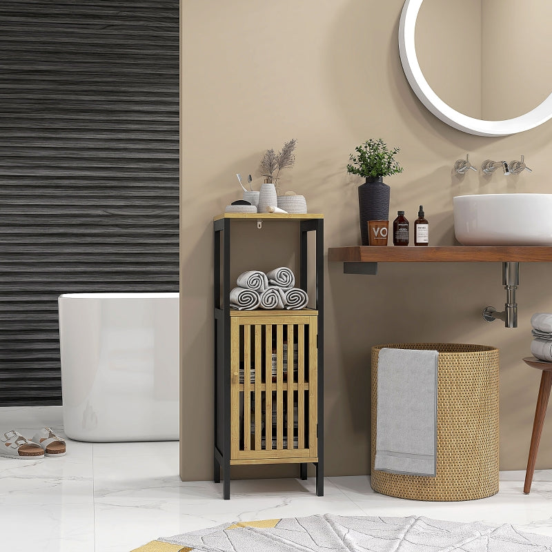 Bamboo Retro Bathroom Storage Unit, White Cut-Out Cupboard