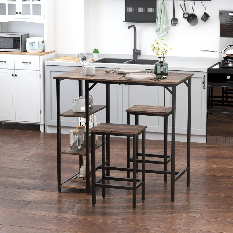 Industrial Bar Height Dining Table Set with 2 Stools & Side Shelf, 3-Piece Coffee Table - Black