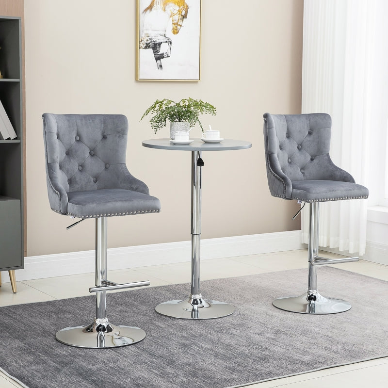 Grey Velvet Swivel Barstools Set of 2 with Button Tufted Back and Footrest