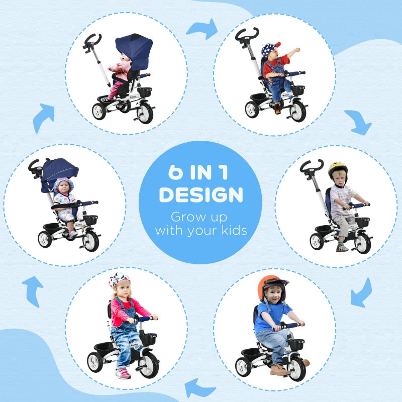 Dark Blue 6-in-1 Baby Push Tricycle with Parent Handle - Ages 1-5