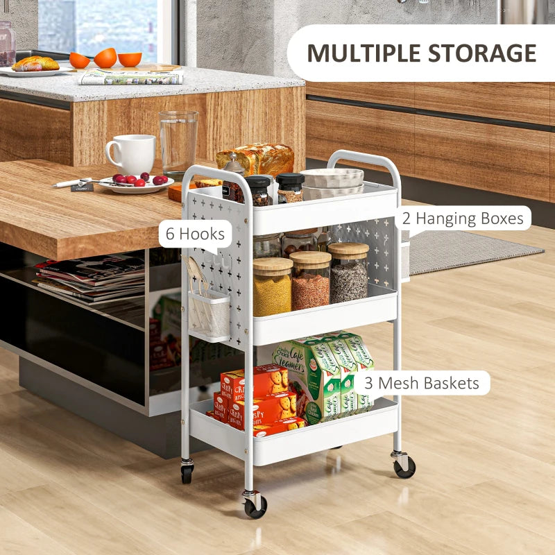 White 3-Tier Rolling Storage Trolley with Baskets and Hooks