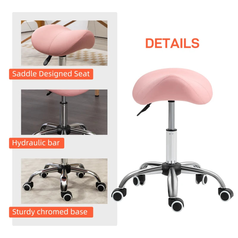 Height Adjustable Pink Salon Saddle Stool, Faux Leather