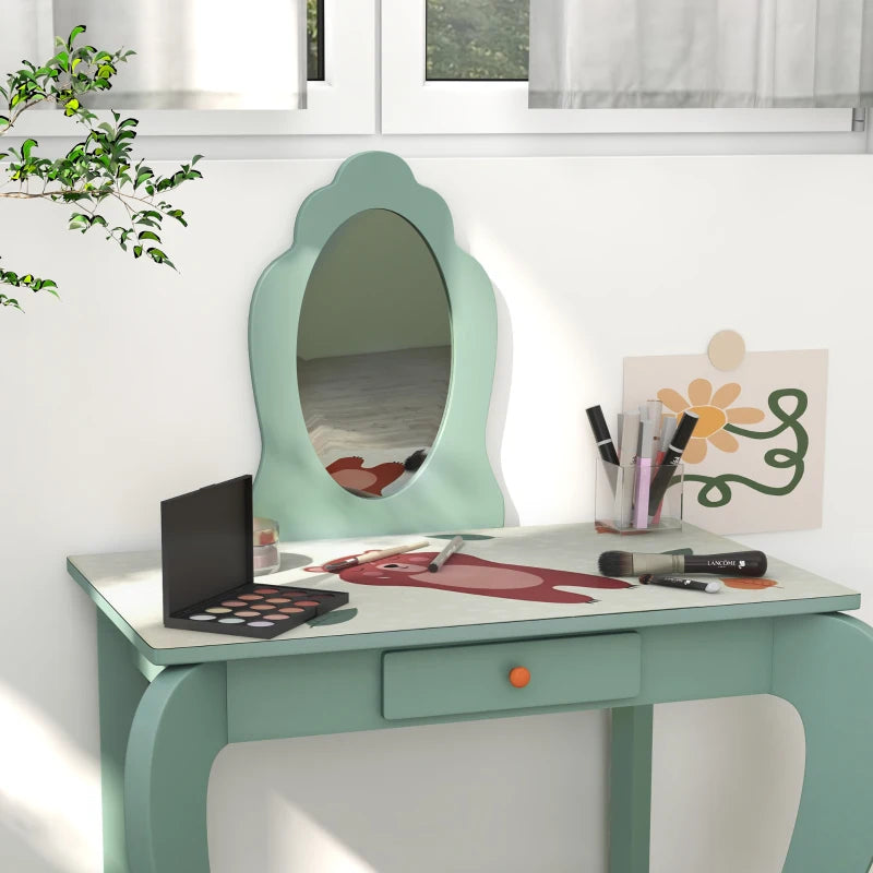 Green Kids Dressing Table Set with Mirror, Stool, Drawer - Cute Animal Design