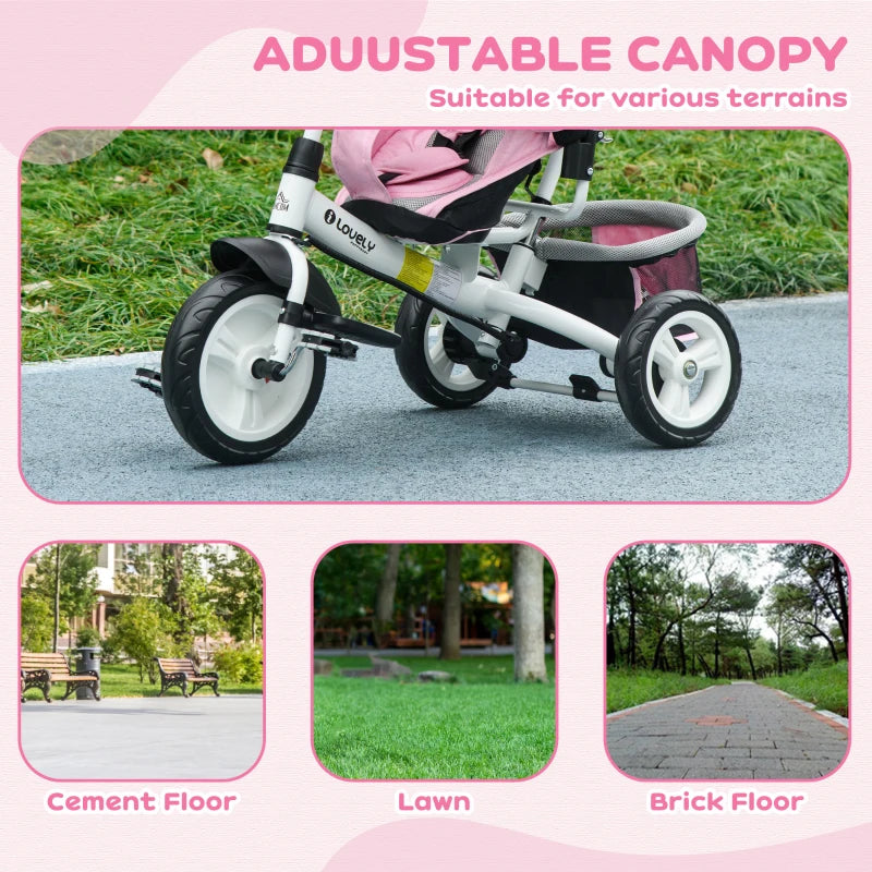 Pink 6-in-1 Kids Trike with Push Handle, Canopy, Safety Belt, Storage, Footrest, Brake