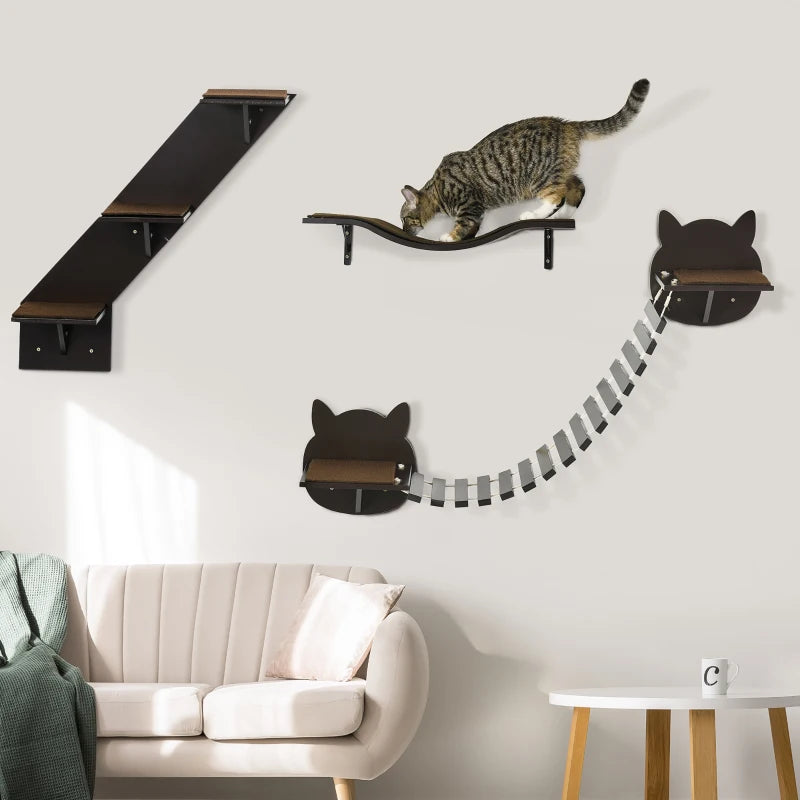 Cat Climbing Wall Shelves Set, Coffee Brown