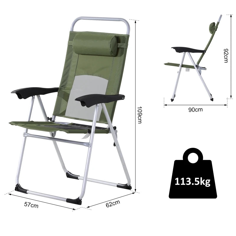 Green Folding Camping Chair with Adjustable Recliner Seat and Pillow